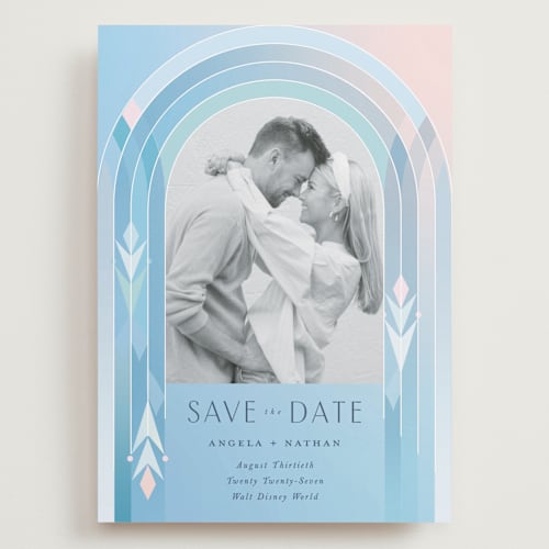 This is a aqua save the date with standard by Lori Wemple called frozen printing on recycled smooth signature in grand