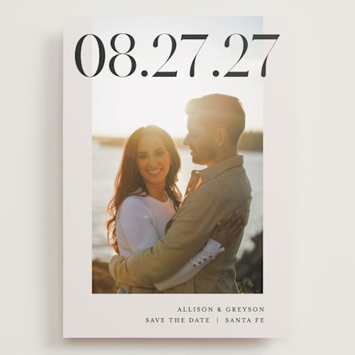 This is a ivory save the date with standard by Pixel and Hank called all stacked up printing on recycled smooth signature in grand