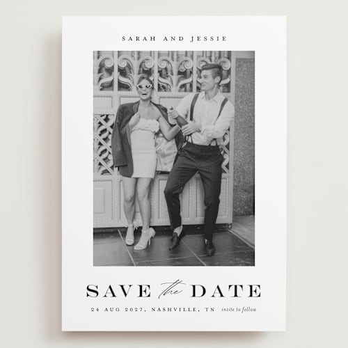 This is a midnight save the date with standard by Stacey Meacham called classic charm printing on recycled smooth signature in grand
