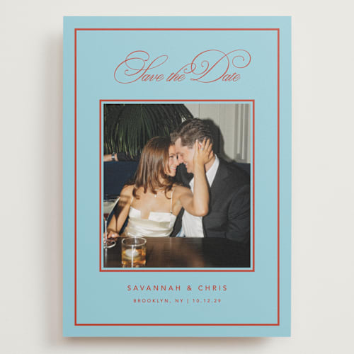 This is a sky save the date with standard by Kelly Watkins called vivid printing on recycled smooth signature in grand