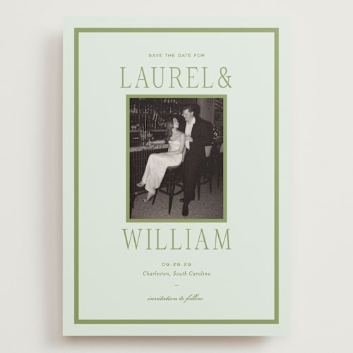 This is a forest save the date with standard by Sara Hicks Malone called dewberry printing on recycled smooth signature in grand