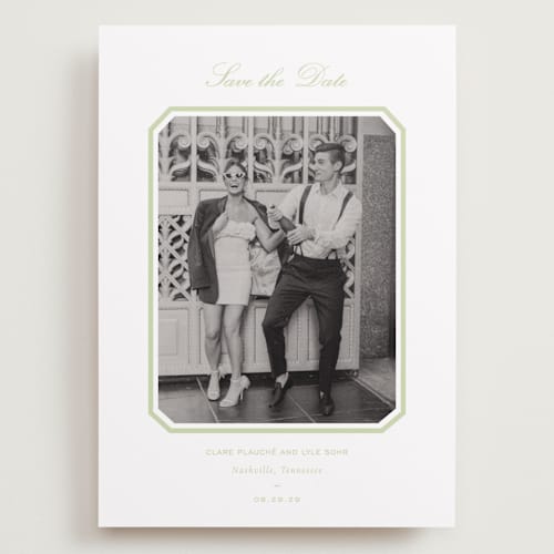 This is a mint save the date with standard by Sara Hicks Malone called montgomery printing on recycled smooth signature in grand