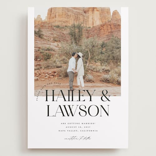 This is a noir save the date with standard by Christie Garcia called photographie printing on recycled smooth signature in grand