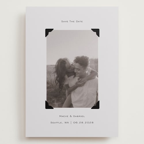 This is a cream save the date with standard by Jenny Millington called scrapbook frame printing on recycled smooth signature in grand