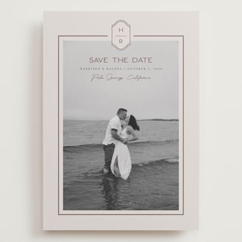 This is a dove save the date with standard by Rachelle Clarke called modern monogram printing on recycled smooth signature in grand