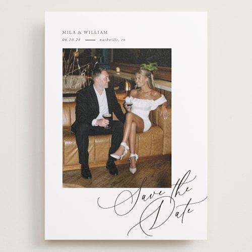 This is a pearl save the date with standard by Melanie Kosuge called side swept printing on recycled smooth signature in grand