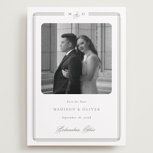 This is a cobblestone save the date with standard by Emily Betts called lines printing on recycled smooth signature in grand