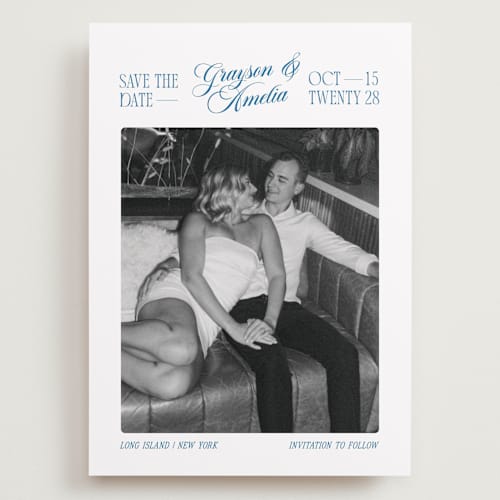 This is a lake save the date with standard by Robert and Stella called opening credits printing on recycled smooth signature in grand