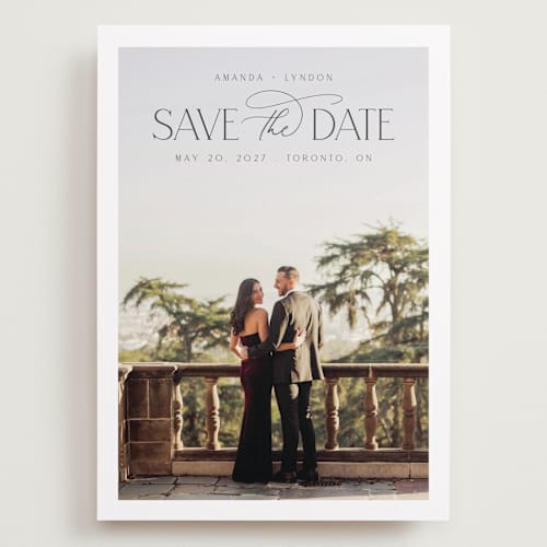 This is a cloud save the date with standard by Nicole Walsh called flourish printing on recycled smooth signature in grand