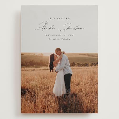 This is a onyx save the date with standard by Emily Betts called simple names printing on recycled smooth signature in grand