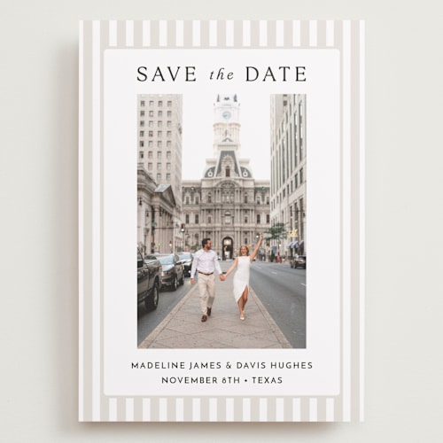 This is a latte save the date with standard by First Rodeo Design called classic stripe printing on recycled smooth signature in grand