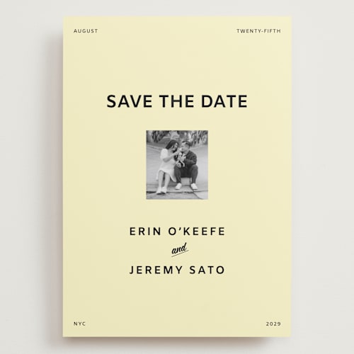 This is a butter save the date with standard by Studio Suku called courthouse printing on recycled smooth signature in grand