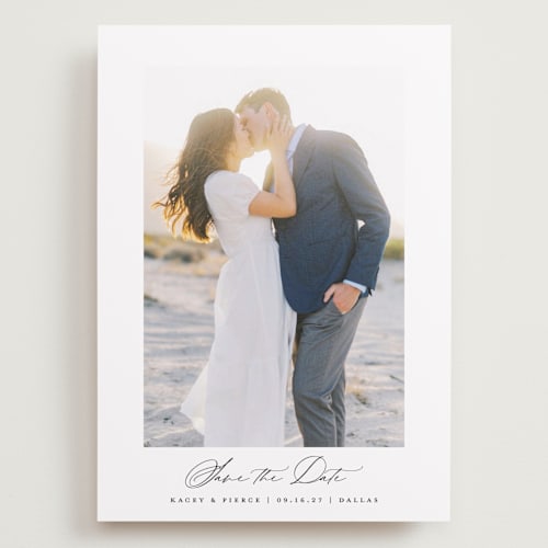 This is a sugar save the date with standard by Jessica Williams called harmonious printing on recycled smooth signature in grand