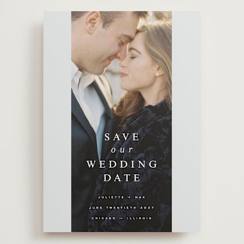This is a crystal save the date with standard by Design Lotus called french love story printing on recycled smooth signature in grand