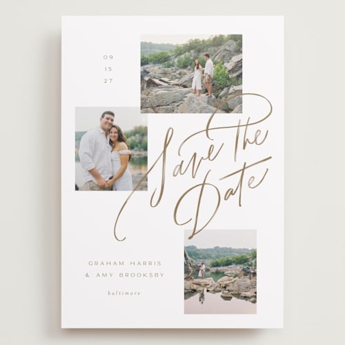 This is a sandstone save the date with standard by Erin L. Wilson called let's escape printing on recycled smooth signature in grand