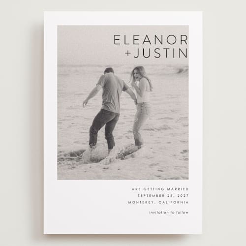 This is a blanc save the date with standard by Erin Deegan called enbolden printing on recycled smooth signature in grand