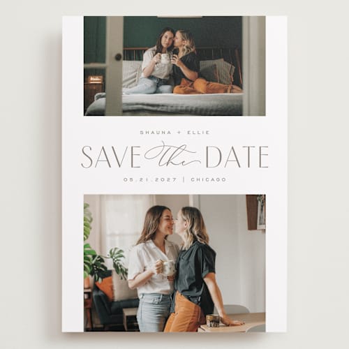 This is a sandstone save the date with standard by Pixel and Hank called duet printing on recycled smooth signature in grand