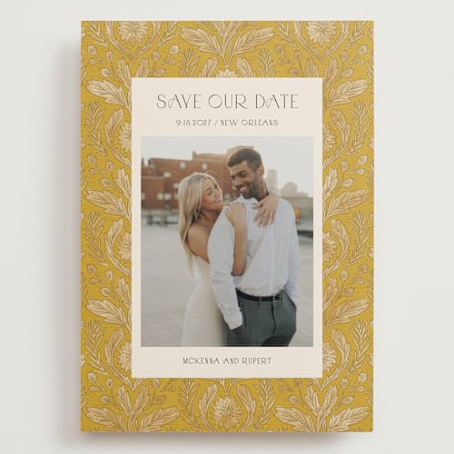 This is a marigold save the date with standard by Jen Owens called morris printing on recycled smooth signature in grand