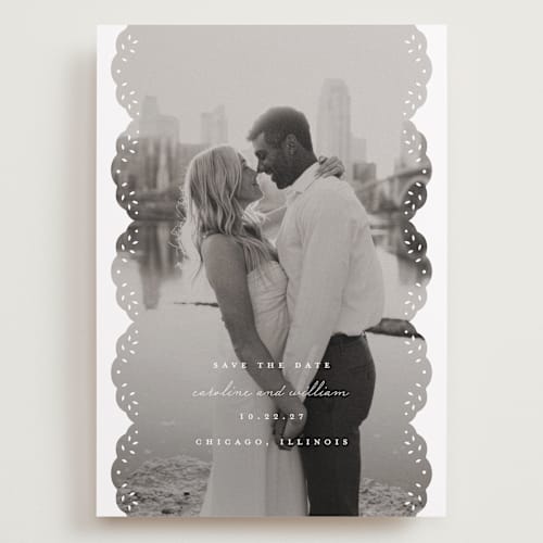 This is a snow save the date with standard by Lauren Chism called luxe lace printing on recycled smooth signature in grand
