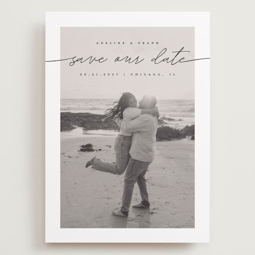 This is a tuxedo save the date with standard by Pixel and Hank called simple details printing on recycled smooth signature in grand