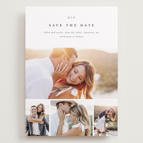 This is a cotton save the date with standard by Stacey Meacham called minimal grid printing on recycled smooth signature in grand