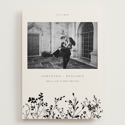 This is a almond save the date with standard by Stephanie Hawkes called botanical base printing on recycled smooth signature in grand