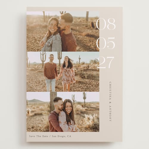 This is a sand save the date with standard by Elly called cinematic love printing on recycled smooth signature in grand