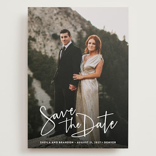 This is a cloud save the date with standard by Hooray Creative called stylish script printing on recycled smooth signature in grand
