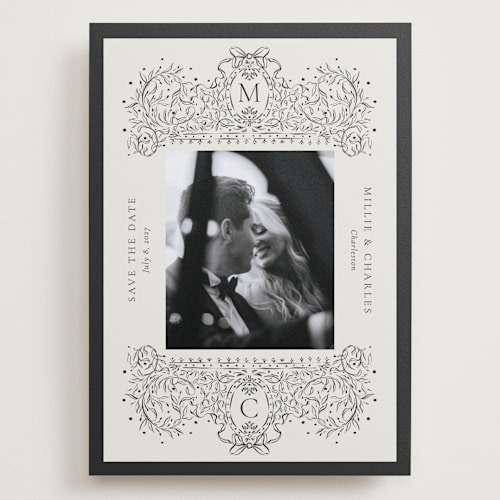 This is a latte save the date with standard by Jackie Crawford called ornate sketched frame printing on recycled smooth signature in grand