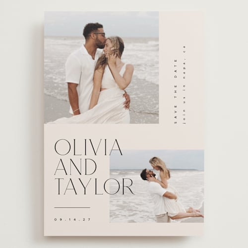This is a linen save the date with standard by Kelly Schmidt called overlapping printing on recycled smooth signature in grand