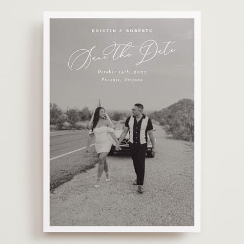 This is a bianco save the date with standard by Pati Cascino called toulon printing on recycled smooth signature in grand