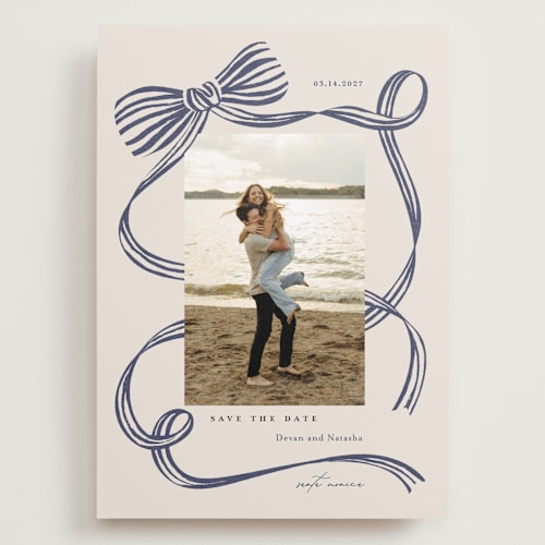 This is a blue spruce save the date with standard by Carrie ONeal called neddy printing on recycled smooth signature in grand
