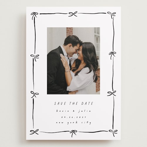 This is a coal save the date with standard by Susan Zinader called preppy bow border printing on recycled smooth signature in grand