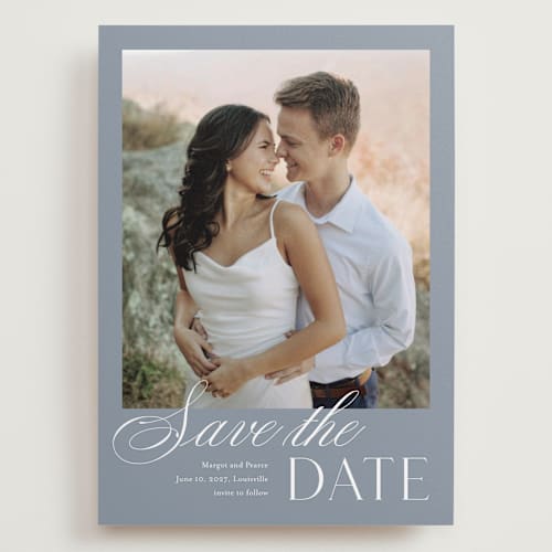 This is a french blue save the date with standard by Stacey Meacham called classic manor printing on recycled smooth signature in grand
