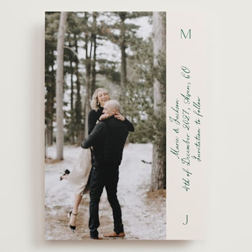This is a ivory save the date with standard by Petra Kern called simple scripty printing on recycled smooth signature in grand