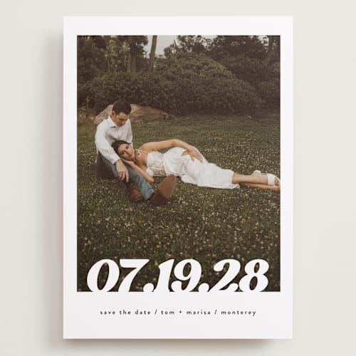 This is a pearl save the date with standard by Christie Garcia called sidele printing on recycled smooth signature in grand