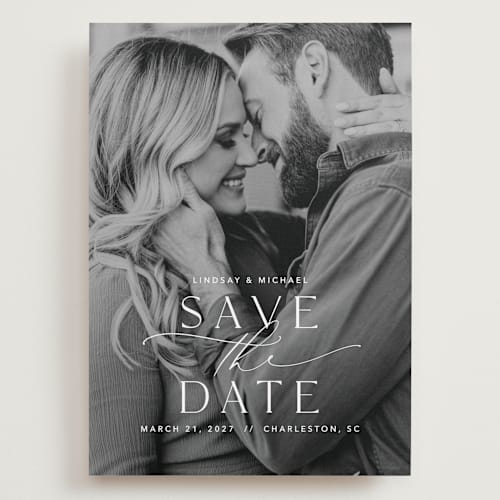 This is a pearl save the date with standard by Jennifer Postorino called so this is love printing on recycled smooth signature in grand