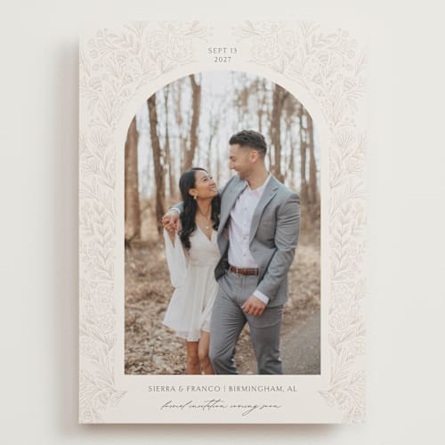 This is a sienna save the date with standard by Jen Owens called botanical arch printing on recycled smooth signature in grand