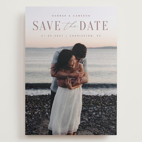 This is a mauve save the date with standard by Zani van Zyl called danielle printing on recycled smooth signature in grand