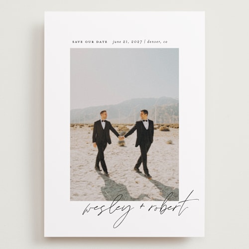This is a silk save the date with standard by Kelly Schmidt called horizon printing on recycled smooth signature in grand