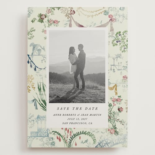 This is a nouvelle save the date with standard by Sumak Studio called chinoiserie printing on recycled smooth signature in grand