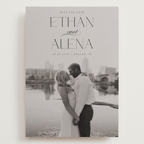 This is a ebony save the date with standard by Maja Cunningham called all our love printing on recycled smooth signature in grand