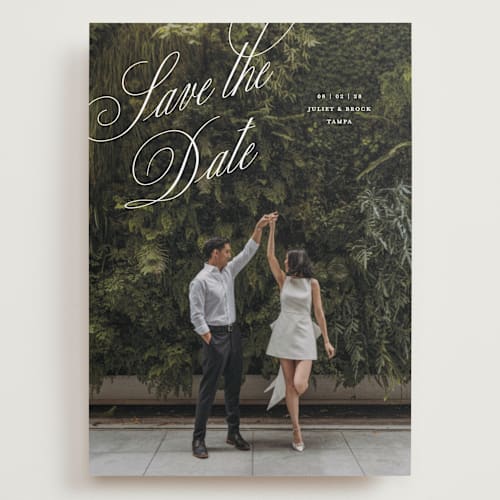 This is a pearl save the date with standard by Pixel and Hank called enamored printing on recycled smooth signature in grand