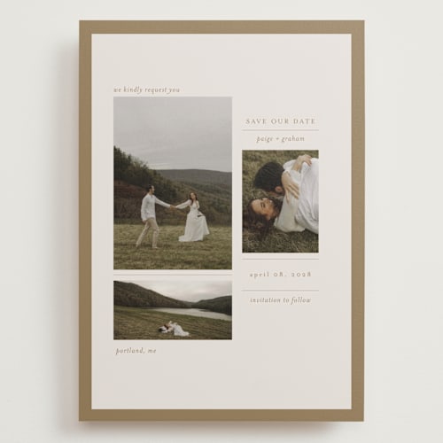 This is a linen save the date with standard by Bramble Studio called savour printing on recycled smooth signature in grand