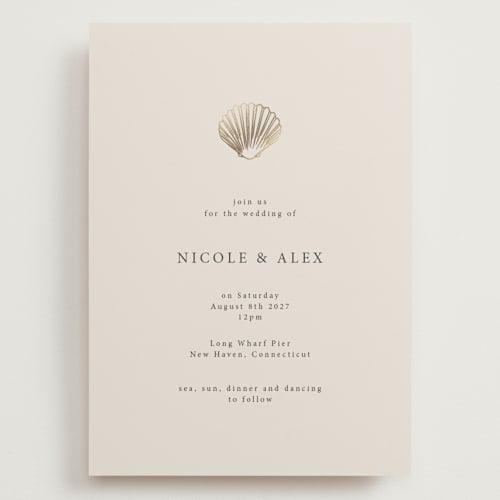 This is a sand wedding invitations with foil pressed by Hannah Bowman called simple seashell printing on signature in grand