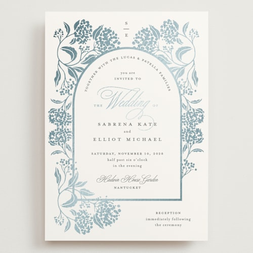 This is a dove wedding invitations with foil pressed by Susan Zinader called shimmering hydrangeas printing on signature in grand