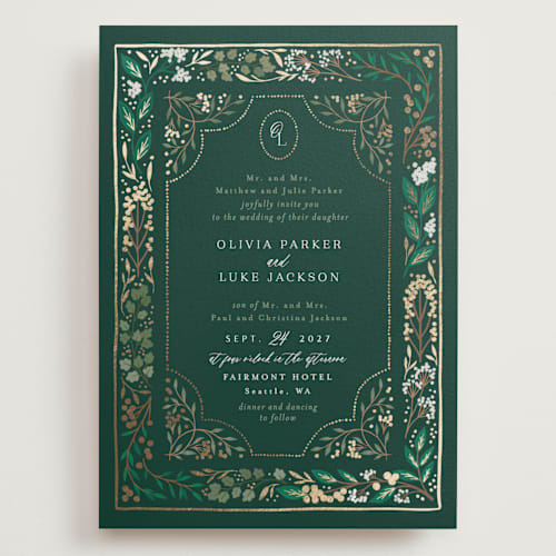 This is a evergreen wedding invitations with foil pressed by Alethea and Ruth called illuminated storybook printing on signature in grand