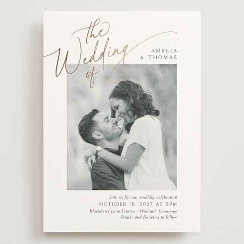 This is a marshmallow wedding invitations with foil pressed by Kaydi Bishop called the wedding printing on signature in grand