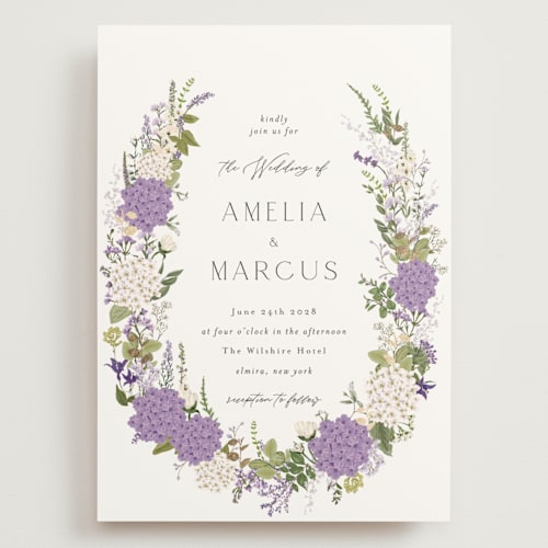 This is a lilac wedding invitations with foil pressed by Susan Moyal called garden whisper printing on signature in grand