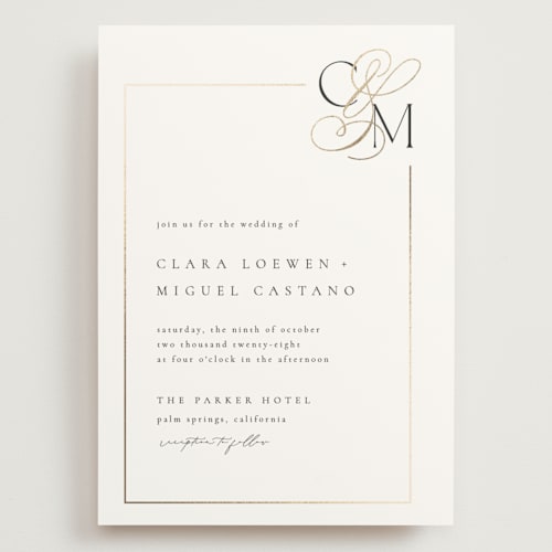 This is a silk wedding invitations with foil pressed by Kelly Schmidt called golden ampersand printing on signature in grand